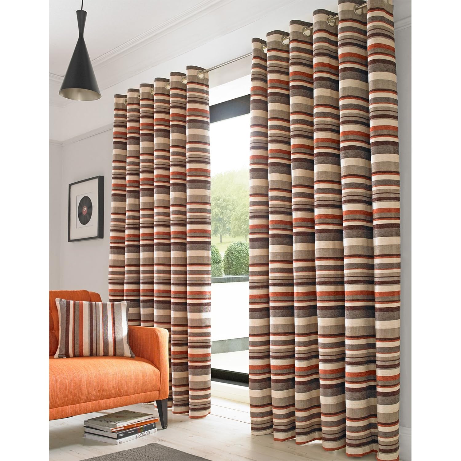 Just Contempo Striped Chenille Eyelet Lined Curtains Orange