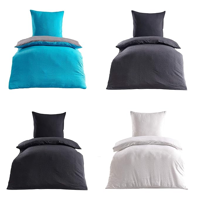 Seersucker Bettwäsche Uni Baumwolle bügelfrei in 4 Farben 155x220 cm 80x80 cm Anthrazit