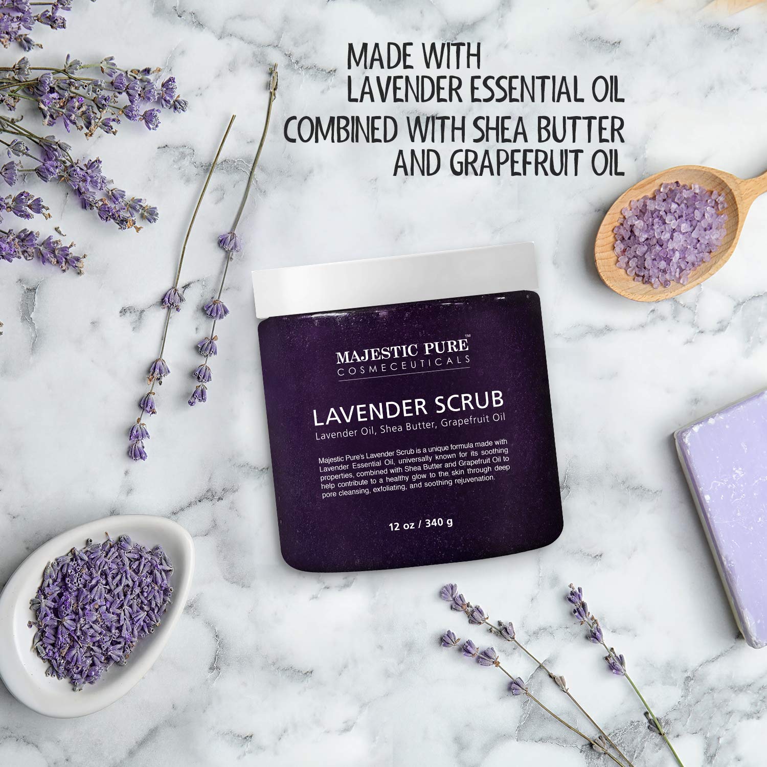 Lavender Oil Body Scrub Exfoliator with Shea Butter and Grapefruit Oil by Majestic Pure - Exfoliate & Moisturize Skin, Fights Acne - 12 oz : Beauty