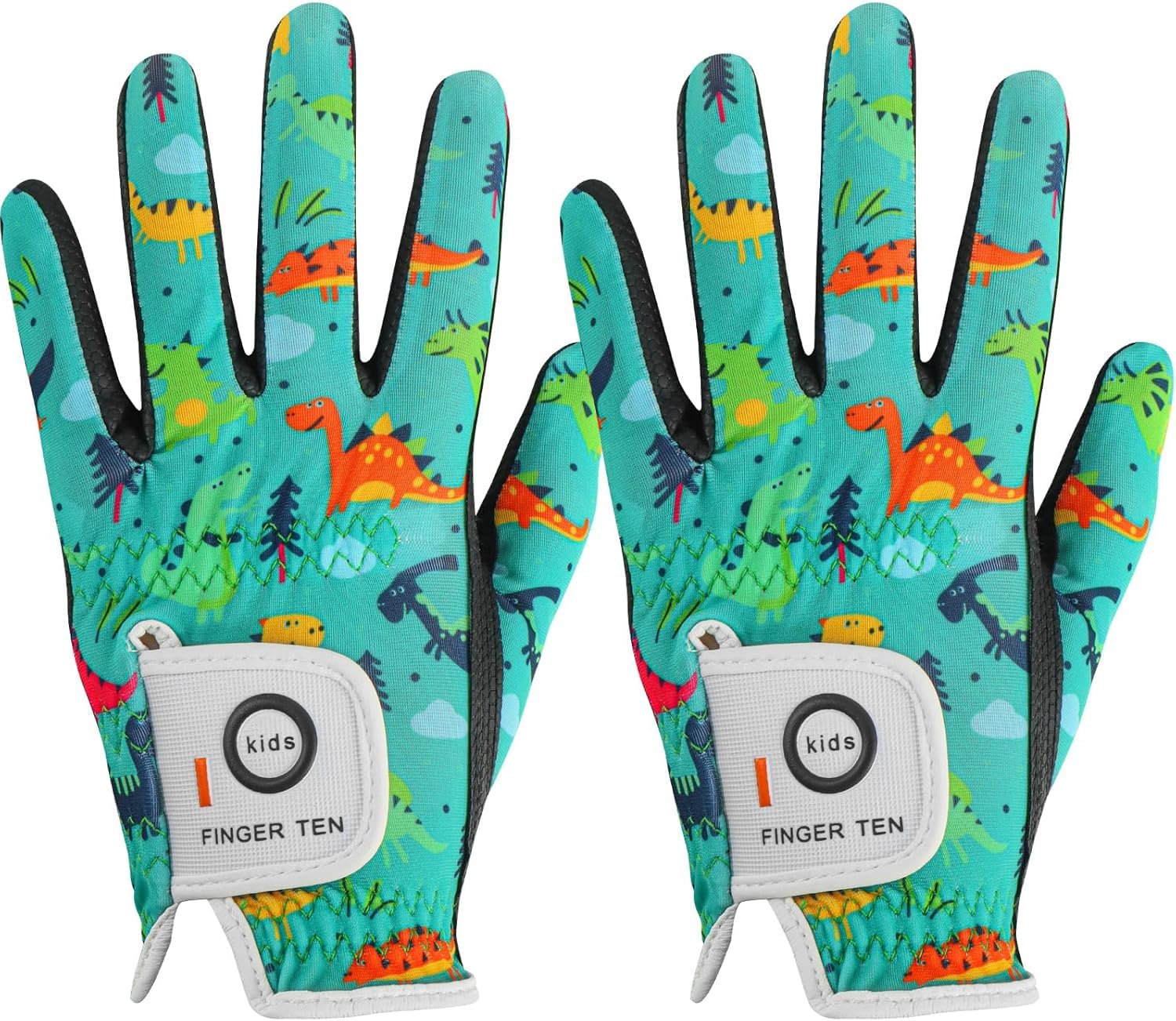 FINGER TEN Golf Gloves Kids Youth All Weather Soft for Left Right Hand Rain Grip Breathable Value 2 Pack, Golf Gloves Kid for Wear-Resistant Non Slip (Green, Small, Left)