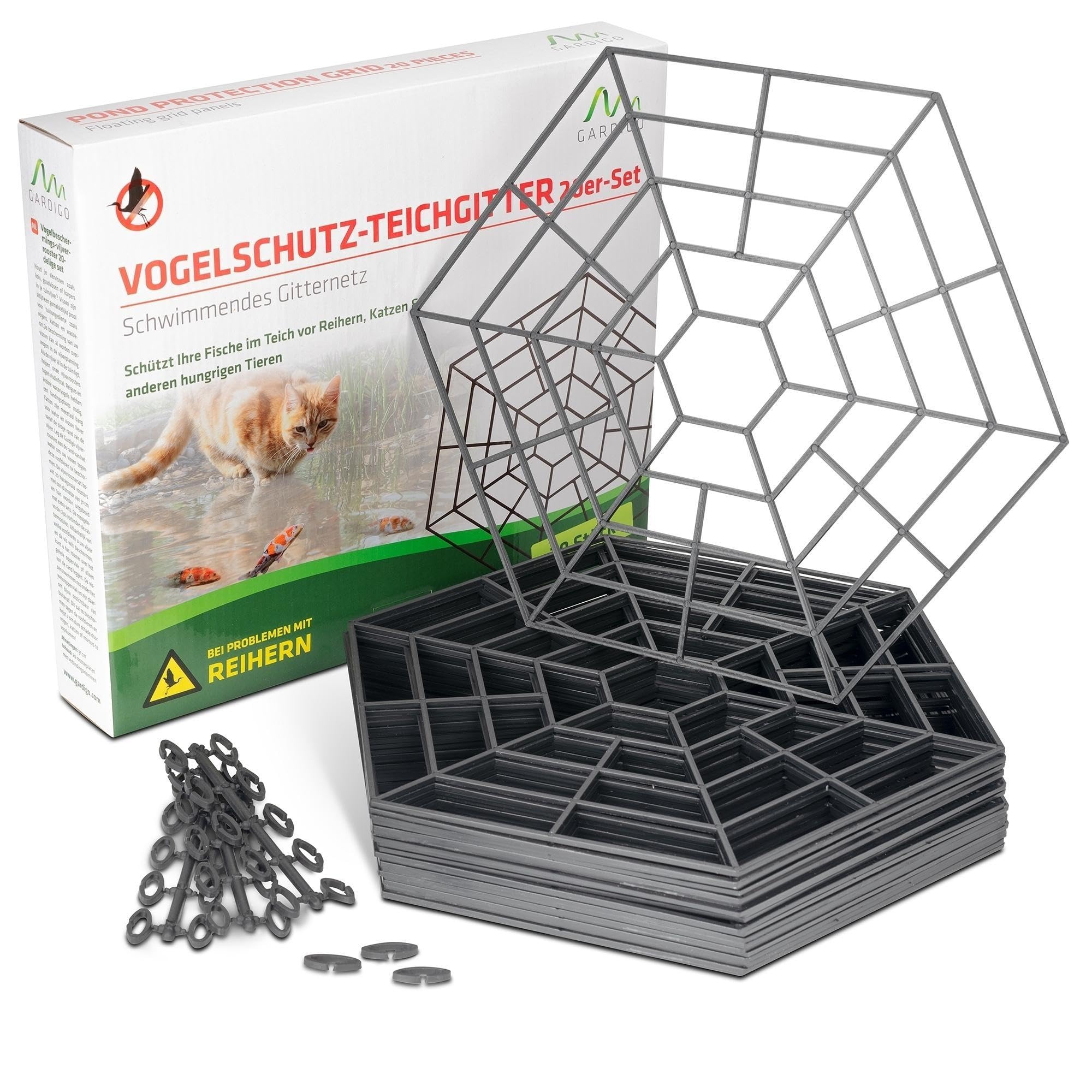 GARDIGO® Pond Guard Set of 20 | Heron Deterrent Garden Pond | Bird and Cat Repellent | Protection Against Fish Thieves | Pond Protection Grid Against Herons and Cats | Fish Heron Defense | Safety Grid