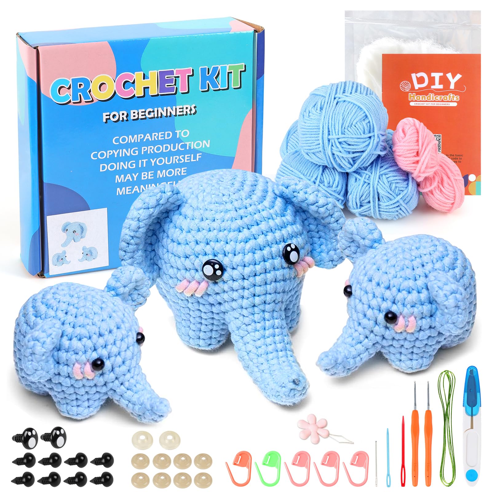 ASTNIC Crochet Kits for Beginners,3pcs Cute Elephant Crochet Set,Knitting Starter Kit for Kids and Adults with Instructions and Enough Yarn Hook Accessories,Crochet Gifts for DIY Craft Art