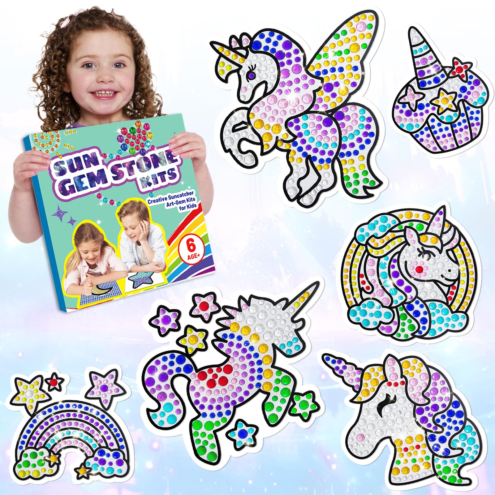 Yazhiji 6 Sheets Unicorn Diamond Window Art Craft Kits for Kids, Suncatcher Set for Ages 6 7 8 9 10 Seaweed DIY Painting for Girls or Boys Six+ Years Old Gemstone Sticker as Easter Party Dec