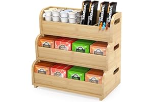WISUCE HOME Tea Bag Organizer Storage Holder- Bamboo Countertop Teabag Display Rack 3-Tier Stackable Wall Mount Large Capacity for Pantry Kitchen Office Coffee Station (Natural)