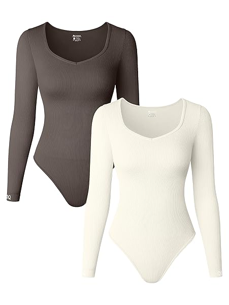 OQQ WOMEN’S 2 PIECE SEXY RIBBED LONG SLEEVE TOP BODYSUIT, TEA LEAF,BEIGE, MEDIUM