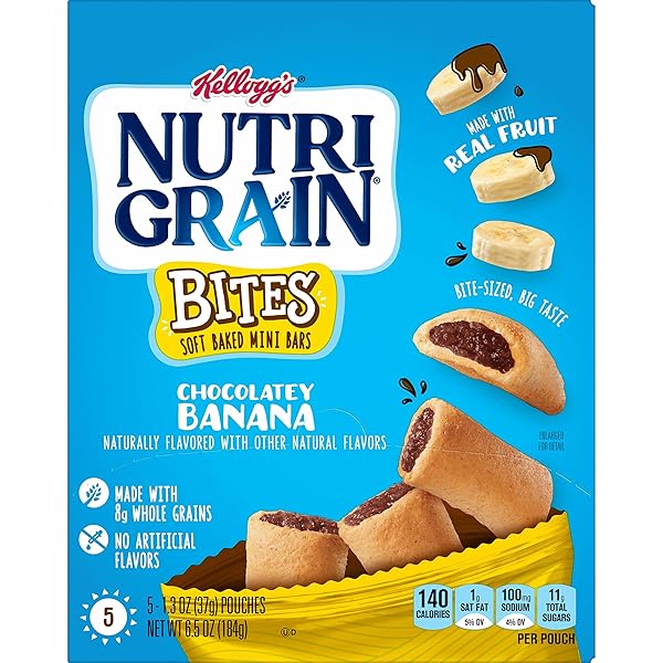 NUTRI-GRAIN BITES MINI BREAKFAST BARS, MADE WITH WHOLE GRAINS, KIDS SNACKS, CHOCOLATEY BANANA, 6.5OZ BOX (5 POUCHES)