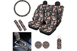 Coldinair 12 Pack Mushroom Snail Floral Print Car Seat Covers Full Set with Steering Wheel Cover and Seat Belt Pad,Handbrake Cover Gear Shift Knob Cover,Car Coaster,Keychain,Auto Interior Decoration