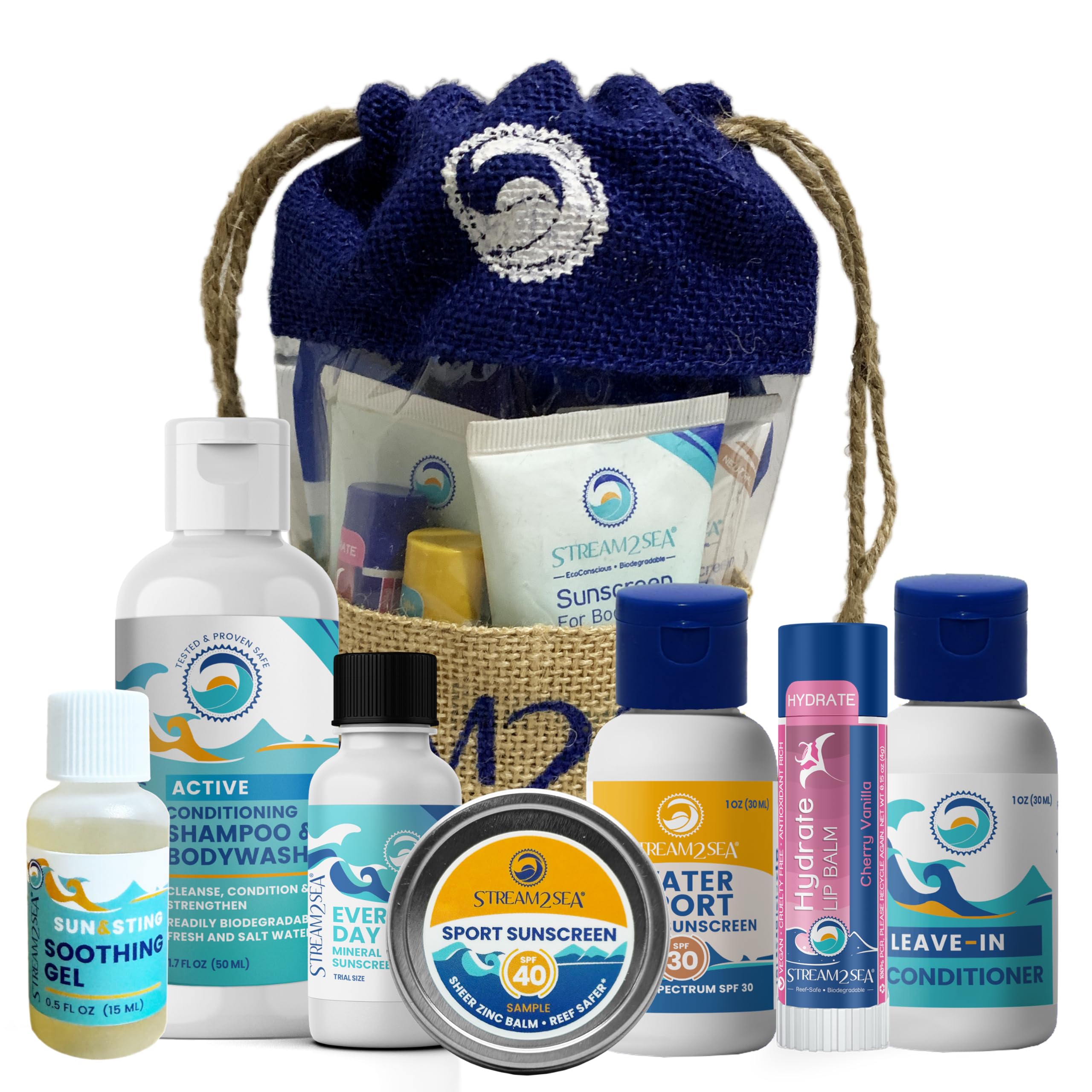 EcoConscious Travel Kit Body & Hair Care Gift Set | Shampoo & Body wash | Conditioner | SPF30, SPF20 and Mineral Sunscreen | SPF 30 Cucumber Mint and Hydrate Cherry Vanilla Lip Balm by Stream2Sea