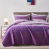 KAKIJUMN Full/Queen Quilt Bedding Set, White and Purple Patchwork Striped Quilt Set, 2 Pieces Soft Lightweight Bedspread Coverlet Set with 1 Pillow Sham(Purple,Queen)