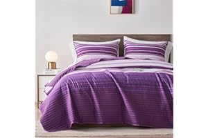 KAKIJUMN Full/Queen Quilt Bedding Set, White and Purple Patchwork Striped Quilt Set, 2 Pieces Soft Lightweight Bedspread Coverlet Set with 1 Pillow Sham(Purple,Queen)