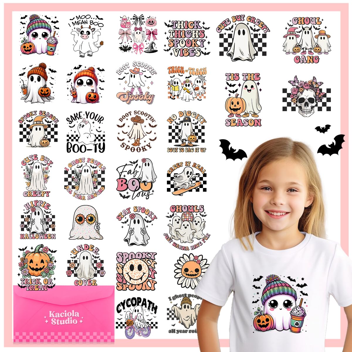 Photo 1 of Kaciola 30 Sheets Ghost DTF Transfers Ready to Press, Halloween Iron on Transfers for T Shirts Washable Stickers Iron on Decals for T Shirts Hoodie DIY Crafts