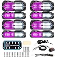 BooYu 8-pcs Sync Feature LED Emergency Strobe Lights Ultra Slim Grille Surface Mount Flashing Warning Hazard Light Bar w/Controller for Construction, Firefighter, Trucks, Vehicles, Car (Purple/White)