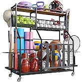 Holiwei Sports Equipment Organizer, Garage Storage with Basket and Hooks, Rolling Cart with Wheels for Toy Sports Gear Storag