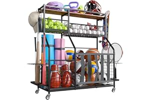 Holiwei Sports Equipment Organizer, Garage Storage with Basket and Hooks, Rolling Cart with Wheels for Toy Sports Gear Storage, Ball Rack for Indoor/Outdoor