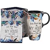 DUSVALLY Ceramic Tall Coffee Mug, Friends Coffee Cup Gift Set, Travel Mug with Lid for Office and Home, Unique Gifts for Women and Man, Color Box, 17 oz Large Cup, Blue Flower