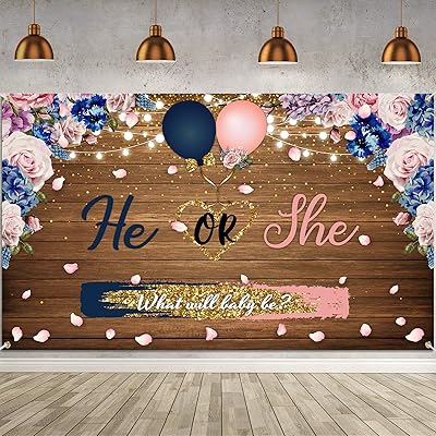 Buy Gender Reveal Backdrop Banner He Or She What Will Baby Be Pregnancy Reveal Fabric Floral Wooden Baby Gender Photography Background Rustic Wooden Baby Shower Photo Banner For Party 72 8 X 43 3