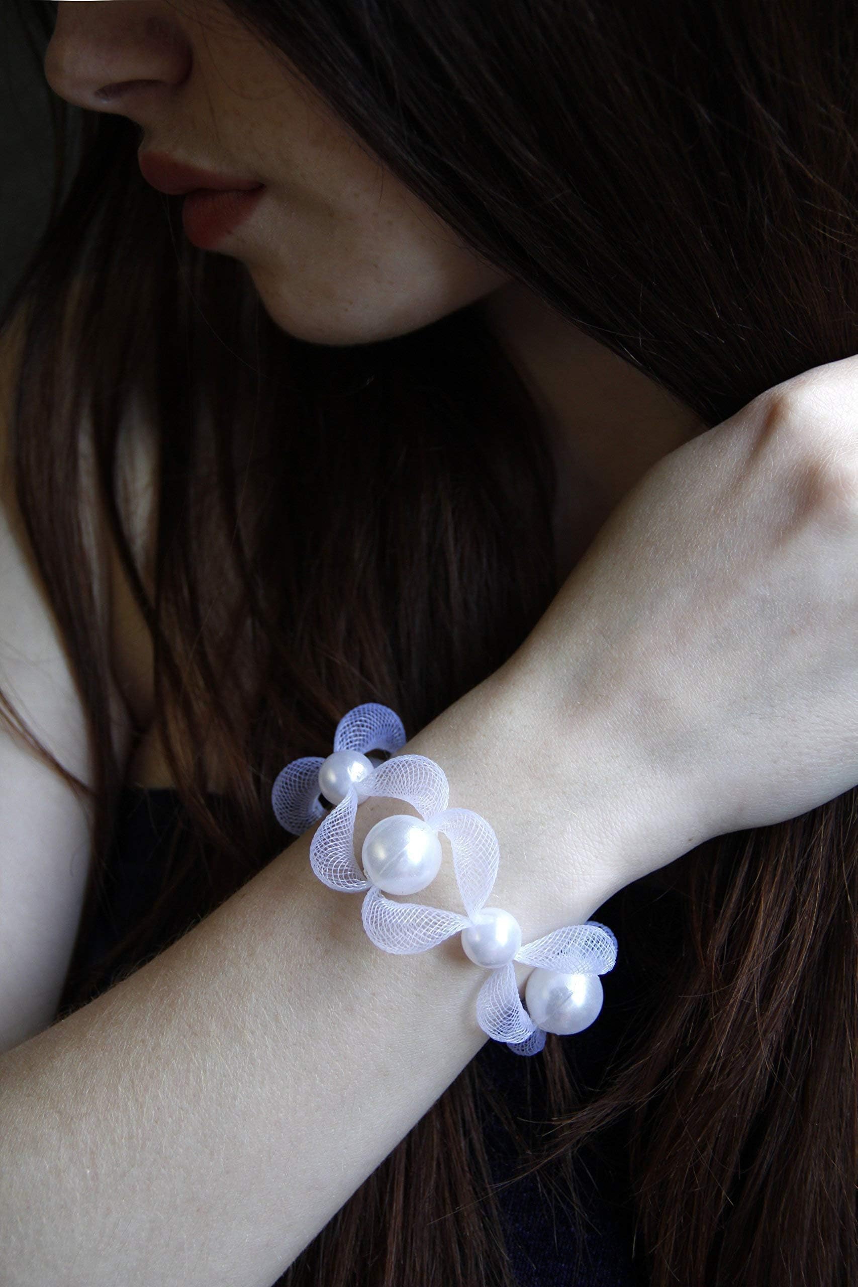 Beades Bracelet for Women White - White Rope Bracelets for Women - White Fashion Bracelet - Jewelry Thick Bracelet - Jewelry Net and Big Pearl Beads