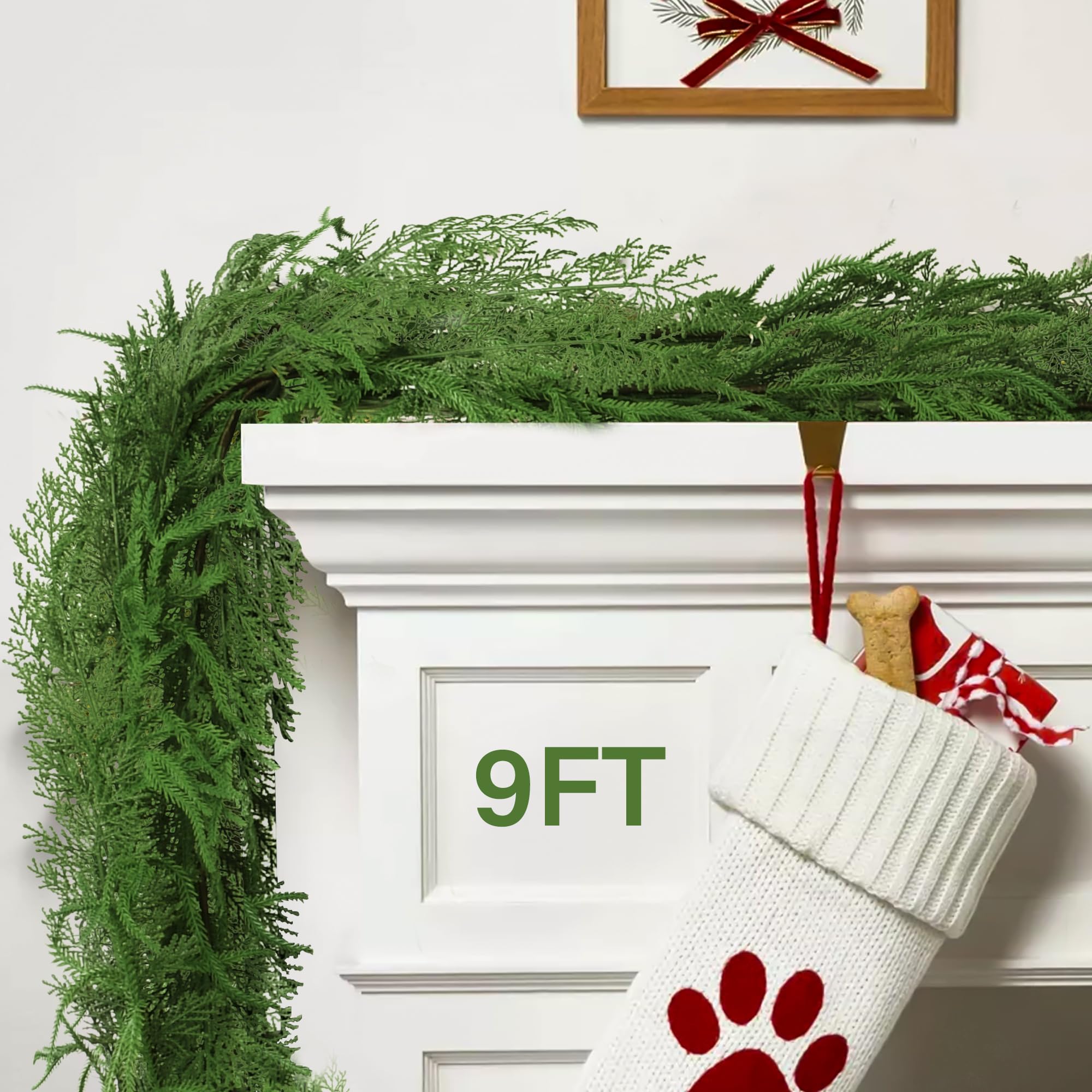 Photo 1 of 9FT Christmas Garland for Mantle, Artificial Real Touch Norfolk Pine & Cedar Garlands for Xmas Decoration Indoor Outdoor, Realistic Greenery Christmas Garland for Stairs Railing, Fireplace, 1 Pack