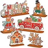 Menkxi 6 Pcs Christmas Wooden Table Decorations Merry Christmas Sign Wood Table Centerpiece Gingerbread Man Snowflake Centerpieces for Coffee Table Holiday Xmas Dinner Party Decor