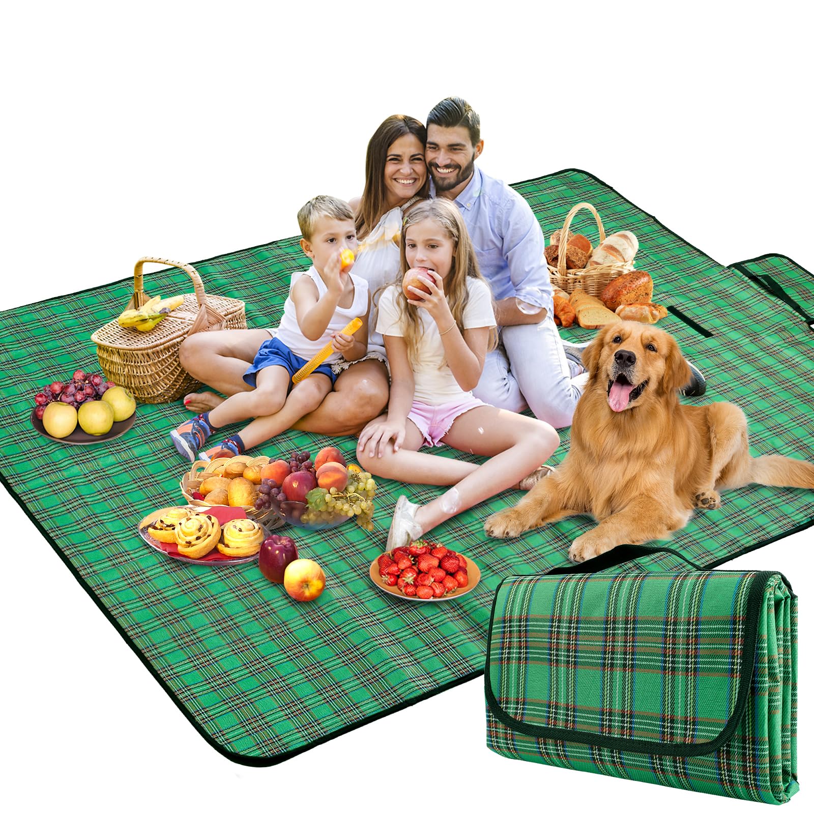 SOMIYAMI Tartan Picnic Blanket Waterproof, Garden Outdoor Camping Blanket, Beach Picnic Mat With Carrying Handle, Washable Multipurpose 150 x 200cm (Green)