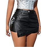 SHENHE Women's PU Leather Skort High Waist Sexy Bodycon Wrap Mini Skirt Asymmetrical Shorts