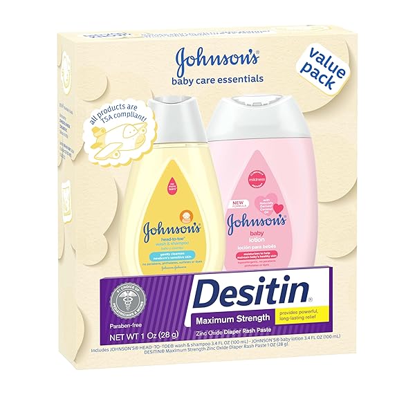 JOHNSON’S BABY CARE ESSENTIALS GIFT SET, BODY LOTION, & ZINC OXIDE DIAPER RASH PASTE FOR BABY’S DELICATE SKIN, VALUE PACK, TRAVEL-SIZE, BATH ESSENTIALS MUST HAVES, BABY GIFTS, 3 ITEMS