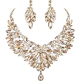 BriLove Wedding Bridal Crystal Rhinestones Marquise Cluster Statement Necklace Dangle Earrings Jewelry Set for Women