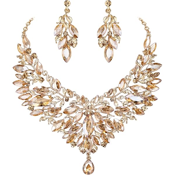Ursumy Bridal Necklace & Earrings Set - Gold Rhinestone Choker, 3-Piece Wedding Jewelry