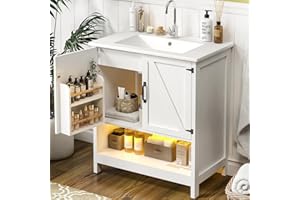 ELEVACHIC 30" Bathroom Vanity with Sink, Modern Bathroom Cabinet with LED Light, Bathroom Vanity Set, Double Soft Closing Cabinet Door with Organizer, White