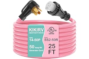 KIKIRV 50 Amp 25 Feet RV/Generator Cord with Locking Connector, Heavy Duty 50A Generator Cord, 14-50P Male and SS2-50R Twist Locking Female for RV Trailer Camper and Generator to House, UL Listed