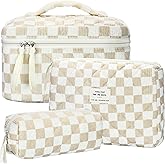 BuyCard Quilted Makeup Bag Set, 3Pcs Large Checkered Corduroy Cosmetic Bags, CuteFloral Cotton Coquette Makeup Bag Toiletry Zipper Pouch Bag for Women and Girls