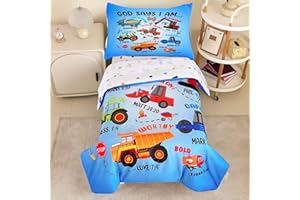 GRAT TIOC 4 Piece Toddler Bedding Set for Boys,Cars Construction Toddler Bed Comforter Set Includes Comforter,Flat Sheet,Fitted Sheet and Pillowcase,Christan Trucks Tractors Bed in A Bag for Kids Bedroom