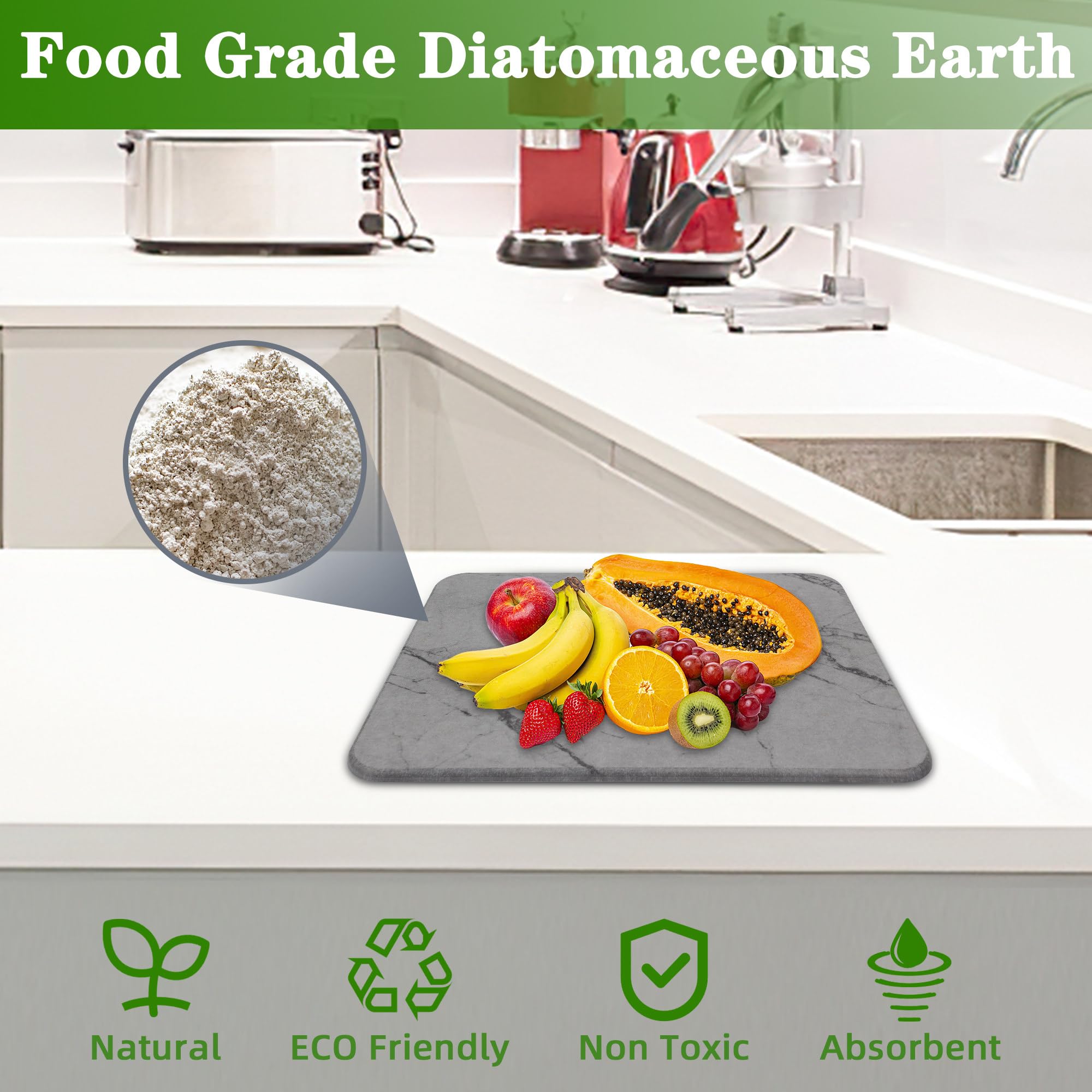Yukee Stone Dish Drying Mat for Kitchen Counter, Quick Dry Ultra Absorbent Heat Resistant Eco Friendly Diatomaceous Earth Stone Drying Mat for Tableware Bottles Cups Dishes Drying Pad
