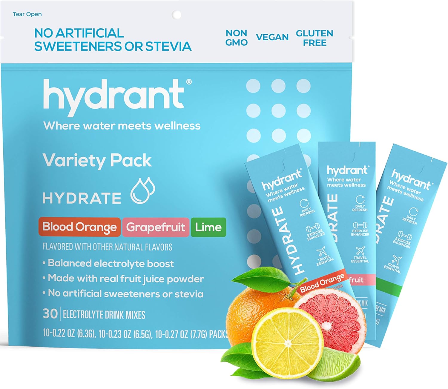 Hydrant Hydrate Variety 30 Stick Packs, Electrolyte Powder Rapid Hydration Mix, Hydration Powder Packets Drink Mix, Helps Rehydrate Better Than Water