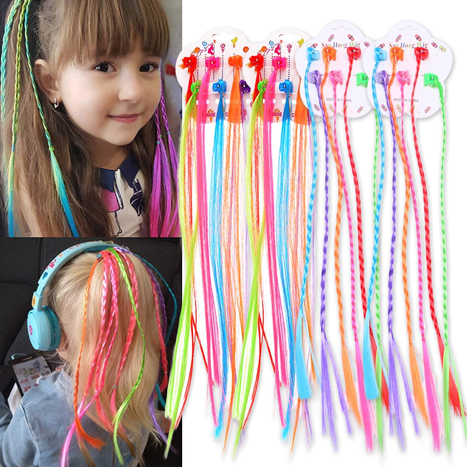 ACEHOME 24 Pcs Kids Hair Extensions With Clips, Clip-on Neon Braid Extensions for Girls Decor Birthday Party Favors Children Performance