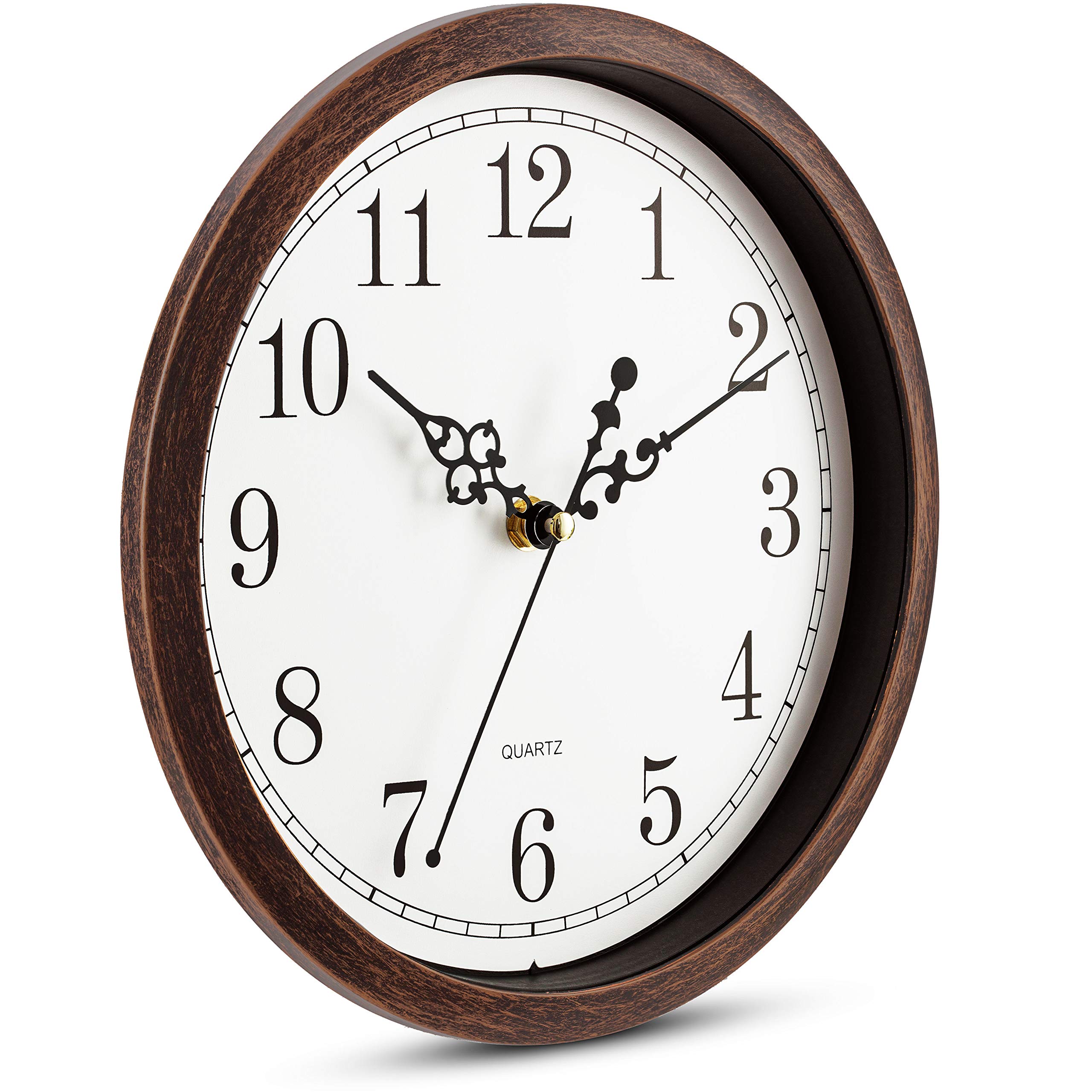 Bernhard Products Wall Clock 10 Inch Silent Non Ticking Movement Quality Quartz Battery Operated Round Easy to Read Decorative Brown Home/Kitchen/Office/Bedroom/Classroom/School Clocks, Black Numbers