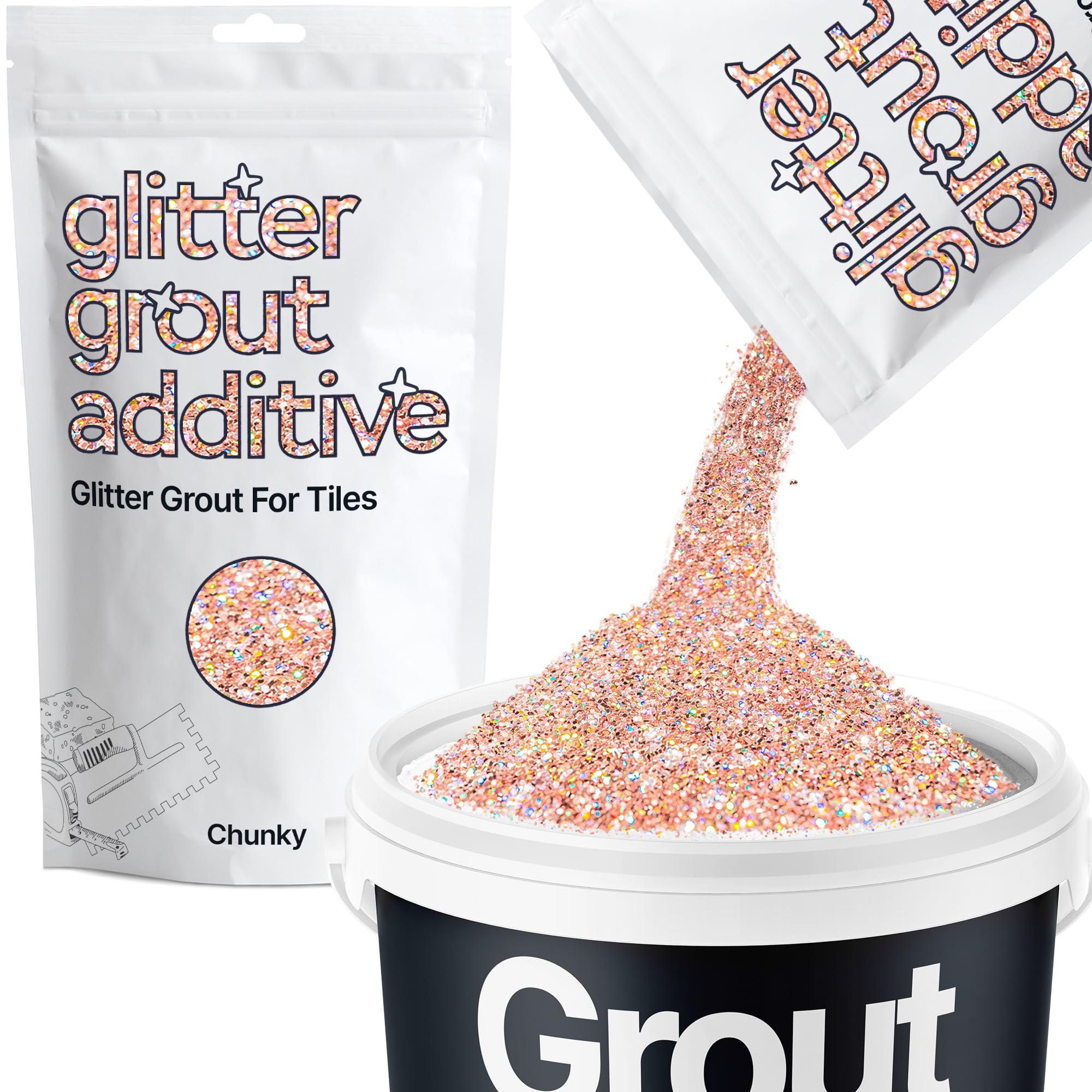 Hemway Rose Gold Holographic Glitter Grout Additive Chunky 100g Metallic Flakes for Adding Sparkle to Kitchen & Bathroom Tiles | Enhance Your Indoor Grouting Projects with a Durable Sparkly Effect