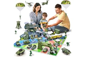 JASSKKBO 78-in-1 Army Men Toys for Boy 4-7 8-12, Includes Army Base/Army Men Action Figures/Truck/Tank/Helicopter/Kayak Boat/Parachutes/Base Play Map, Army Toys for Boys Birthday Gift Party Favors