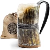 Norse Tradesman Ring-Engraved Viking Horn Mug, Dark Color, 16 oz | For Viking toasts &middot; handcrafted real ox horn with hardwood base &middot; one tankard in burlap gift sack &middot; odor-treated