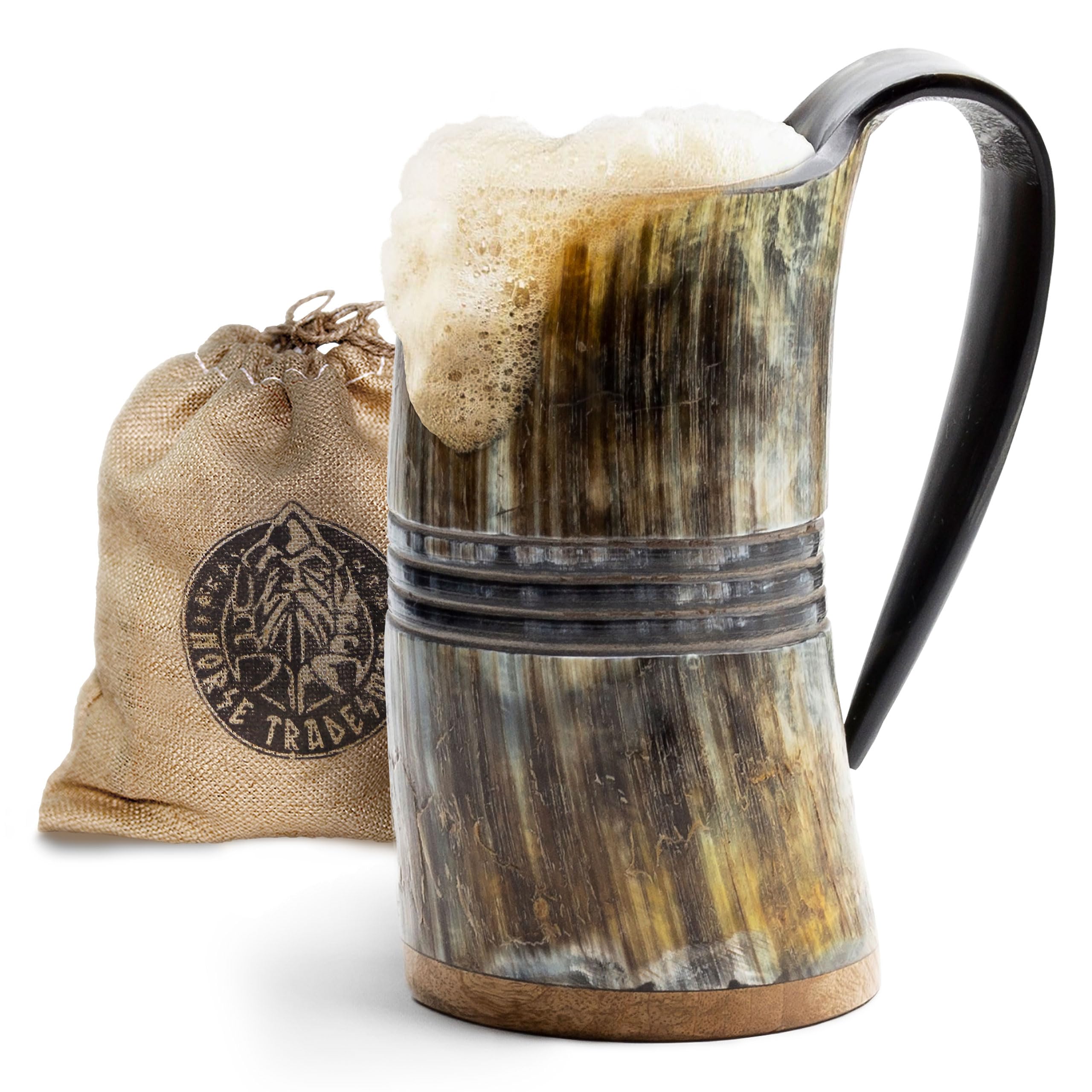 Norse Tradesman LG Viking Drinking Horn Mug - 100% Authentic Beer Horn Tankard with Hardwood Bottom & Ring Engravings | The Eternal, Low Polish, 500 MLS