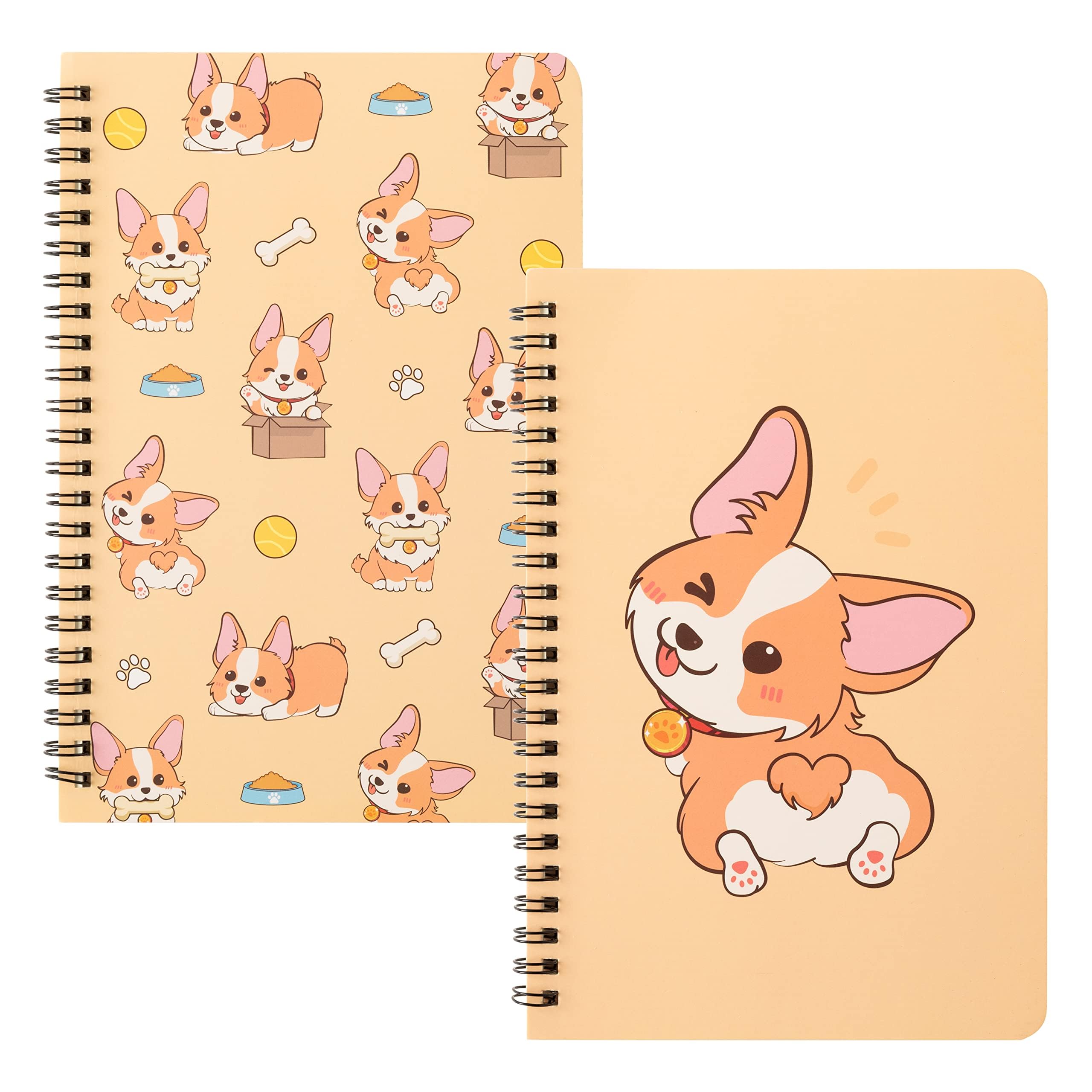 L1rabe 2 A5 Corgi Spiral Notebooks Back to School Cute Funny Dog Ruled Notepads First Day of School Yellow Dog Exercise Book Hardcover Spiral Travel Drawing Journal Diary for Kids Teen (Playing Corgi)