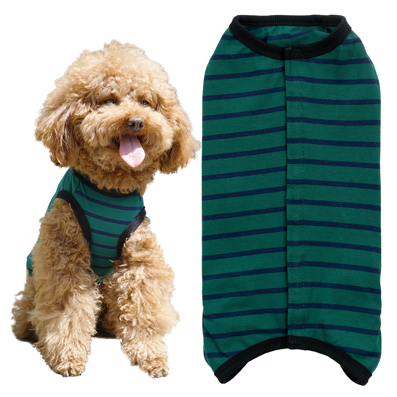 Dog’s Recovery Suit Post Surgery Shirt for Puppy, Wound Protective Clothes for Little Animals(Green Black Stripe-xs)