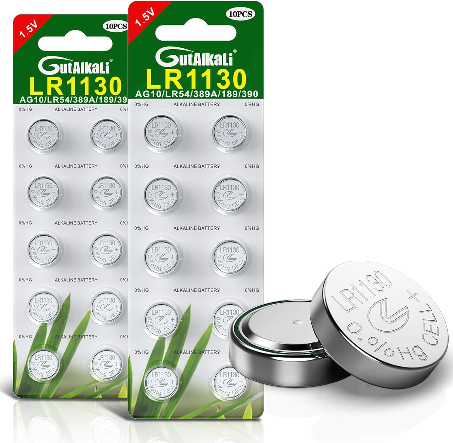 GutAlkaLi LR1130 Battery Pack of 20, 1.5V AG10 Batteries for Watches Hearing Aids, Glucometer, Key Fobs and Small Electronics