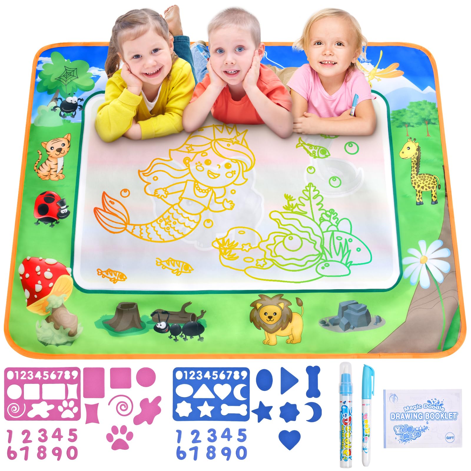 OSDUE Water Doodle Magic Mat, Water Drawing Painting Pad Multicolored Mess Free Painting for Kids, Reusable Aqua Drawing Mat with Water Pens, Educational Toys for 2-5 Year Olds Best Gifts (6 PCS)