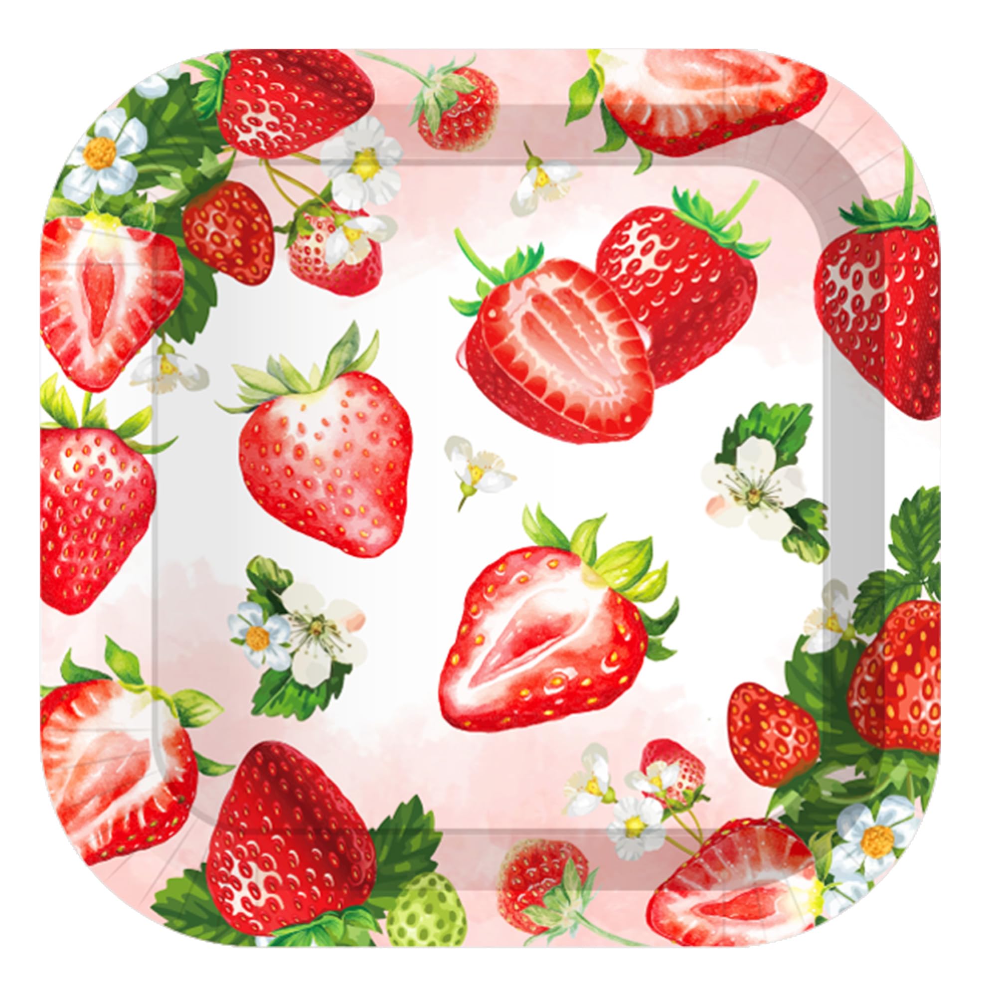 Photo 1 of 24pcs 7 inches Strawberry Square Disposable Paper Plates – Fruit Design with Red Strawberries, Green Leaves & White Flowers, Perfect for Birthday Parties, Picnics, Baby Showers, Garden Gatherings