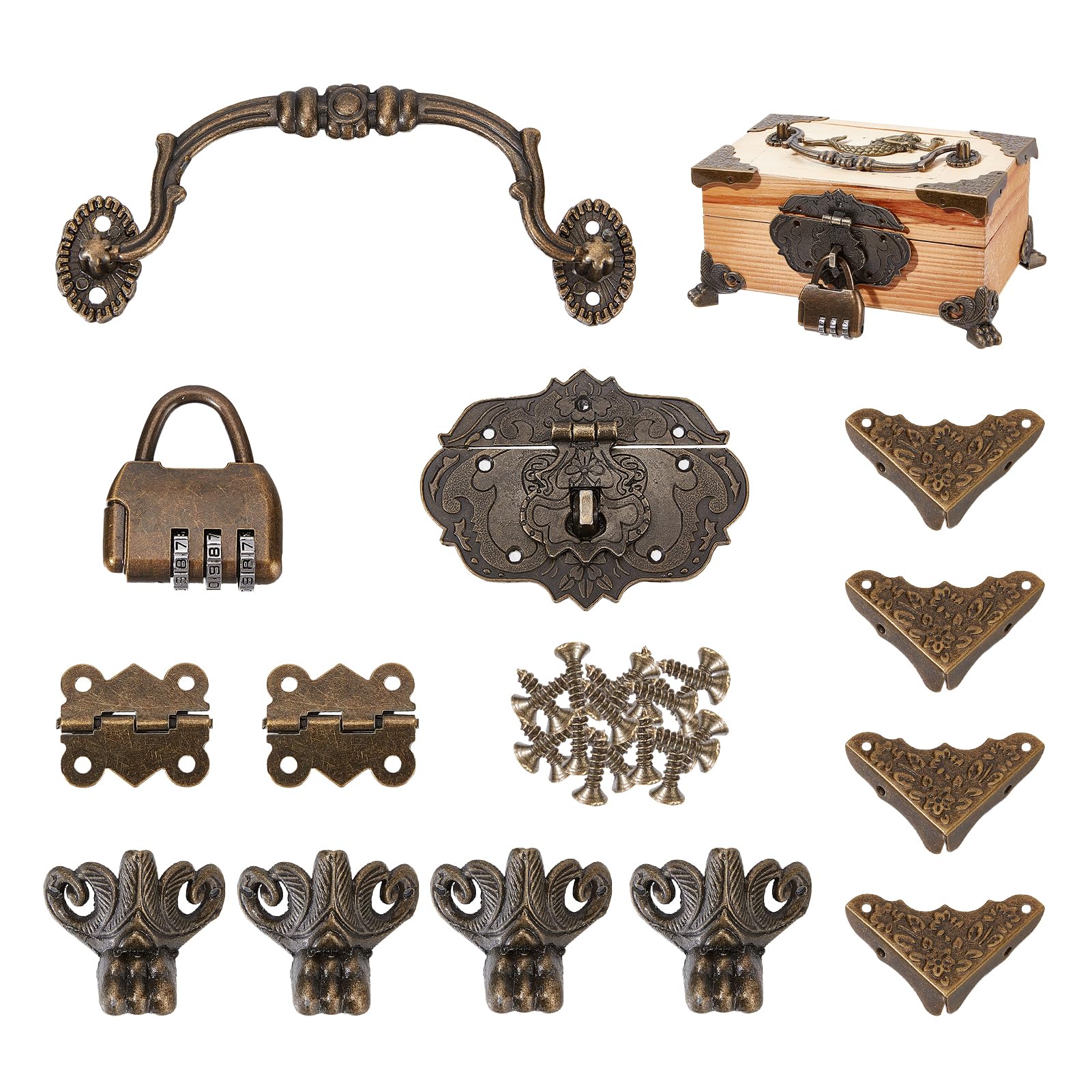 NICENEEDED 1 Set Jewelry Box Lock Latches Hasp Hinges, Retro Drawer Handle Vintage Box Legs Feet Corner Protector with Screws Hardware Kit Decorative Lock Tower Buckle Hinge and Box Corner Protector