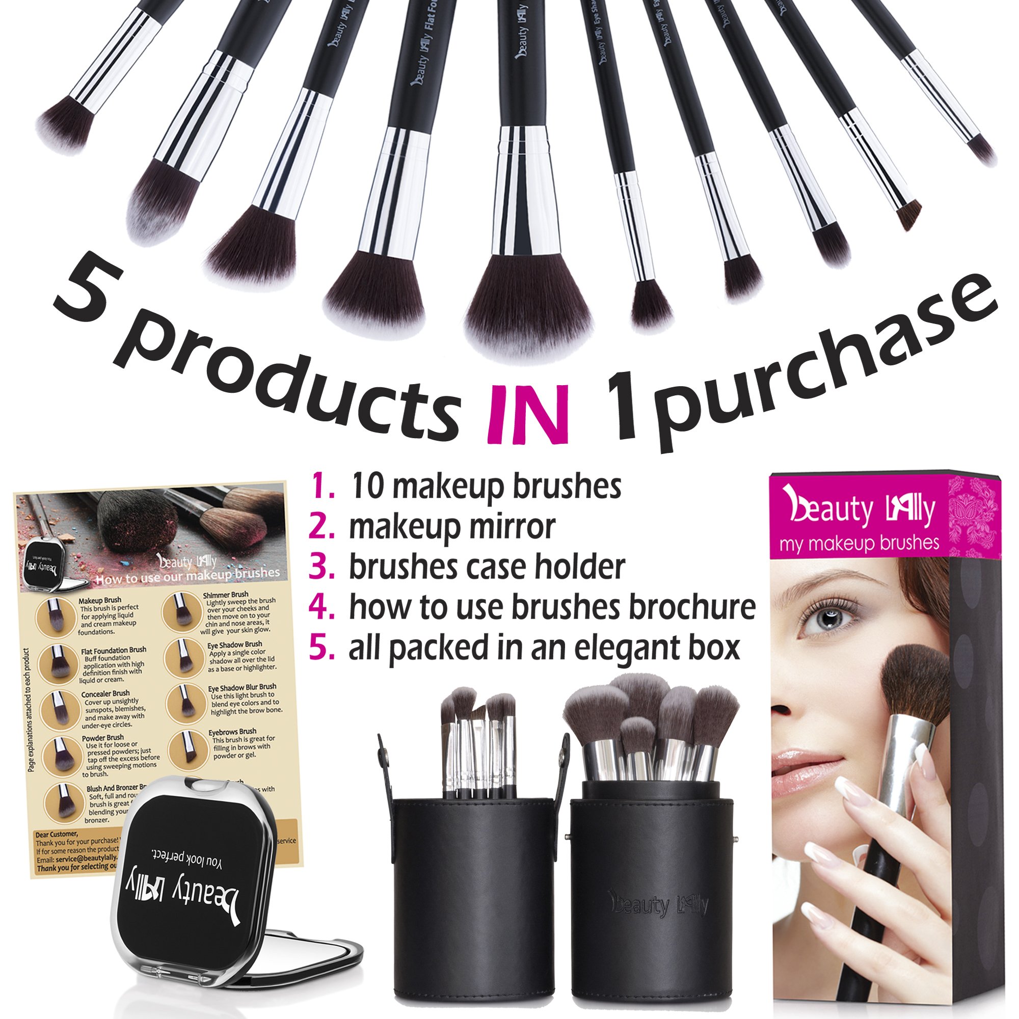 beauty Lally Professional Make Up Brush Set, Synthetic Hair, Giving You Full Coverage For Everyday Use, Soft, No Shed At All, Case and Mirror, Pack of 10