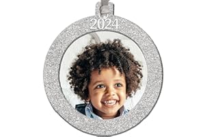 EXPRESSLY YOURS! PHOTO EXPRESSIONS 2024 Photo Ornaments for Christmas Tree, Sparkly Glitter Christmas Frame Ornament, Easy-Load Magnetic Design, Includes Satin Ribbon with Silver Charm Plus Photo Protector, Round, Silver