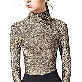 Women's Slim Fit Long Sleeve Sequin Turtleneck Sparkle Tee Glitter Blouse Tops