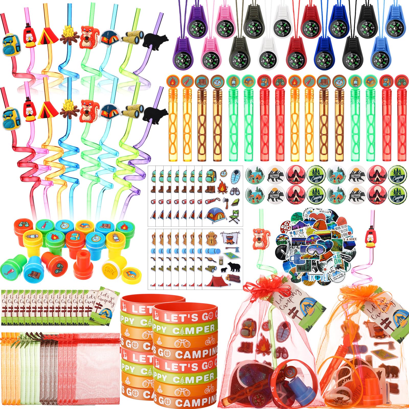 Photo 1 of HyDren 194 Pcs Camping Party Favors Happy Camper Party Gifts Include Straws Bubble Wands Bracelet Compass Pendant Sticker Badge Stamps Cards Organza Bags for Girls Boys Birthday Supplies
